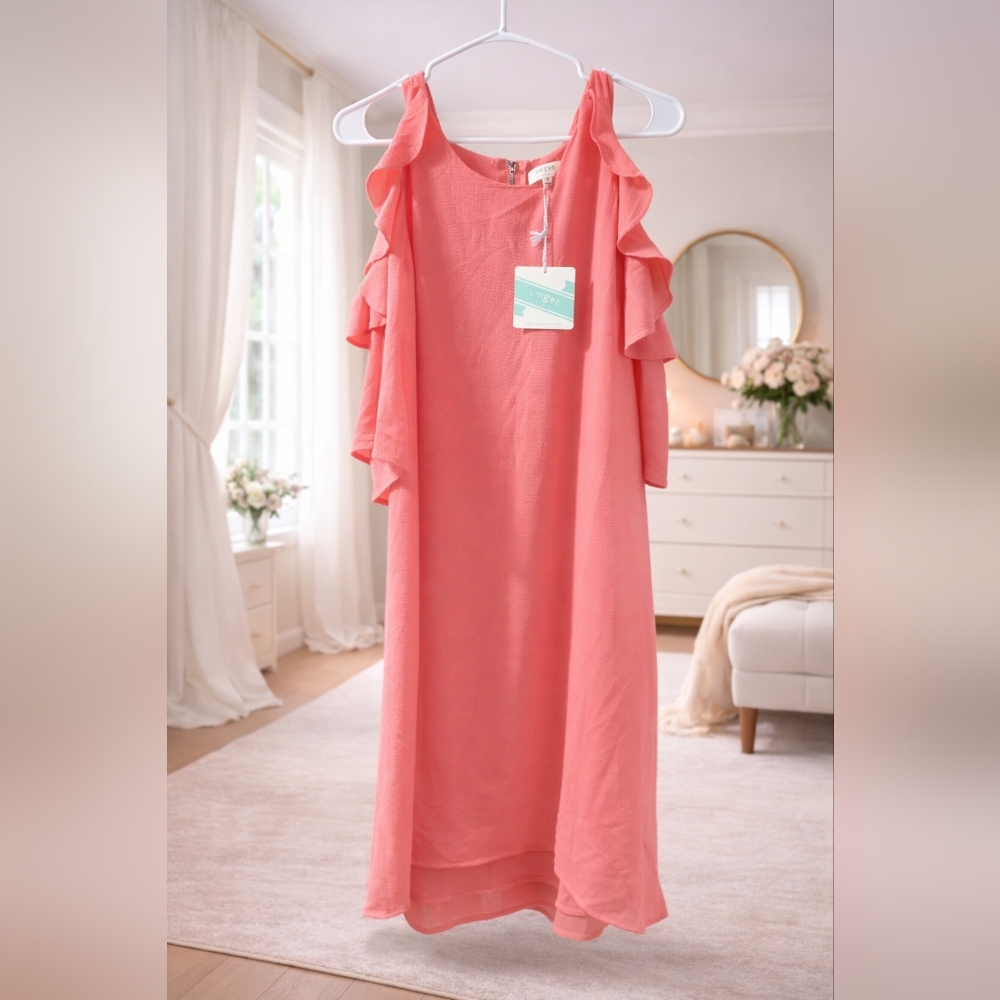 Umgee Coral Ruffle Cold-Shoulder Midi Dress